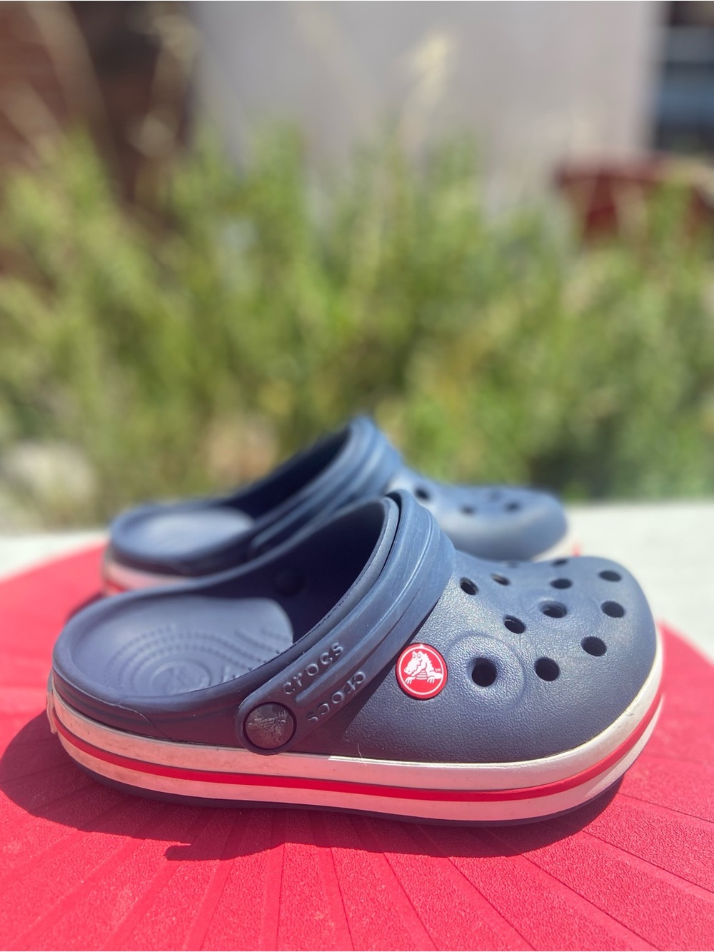 CROCS Kids' Navy Blue Clogs with Red Accent Stripe-Crocband